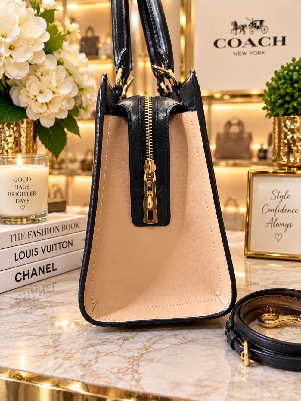 COACH Two-Tone Leather Satchel in White and Black with Gold Hardware - Picture 5 of 8